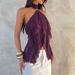 purple Casual Women's Elegant Ruffle Trim Fitted Tank Top